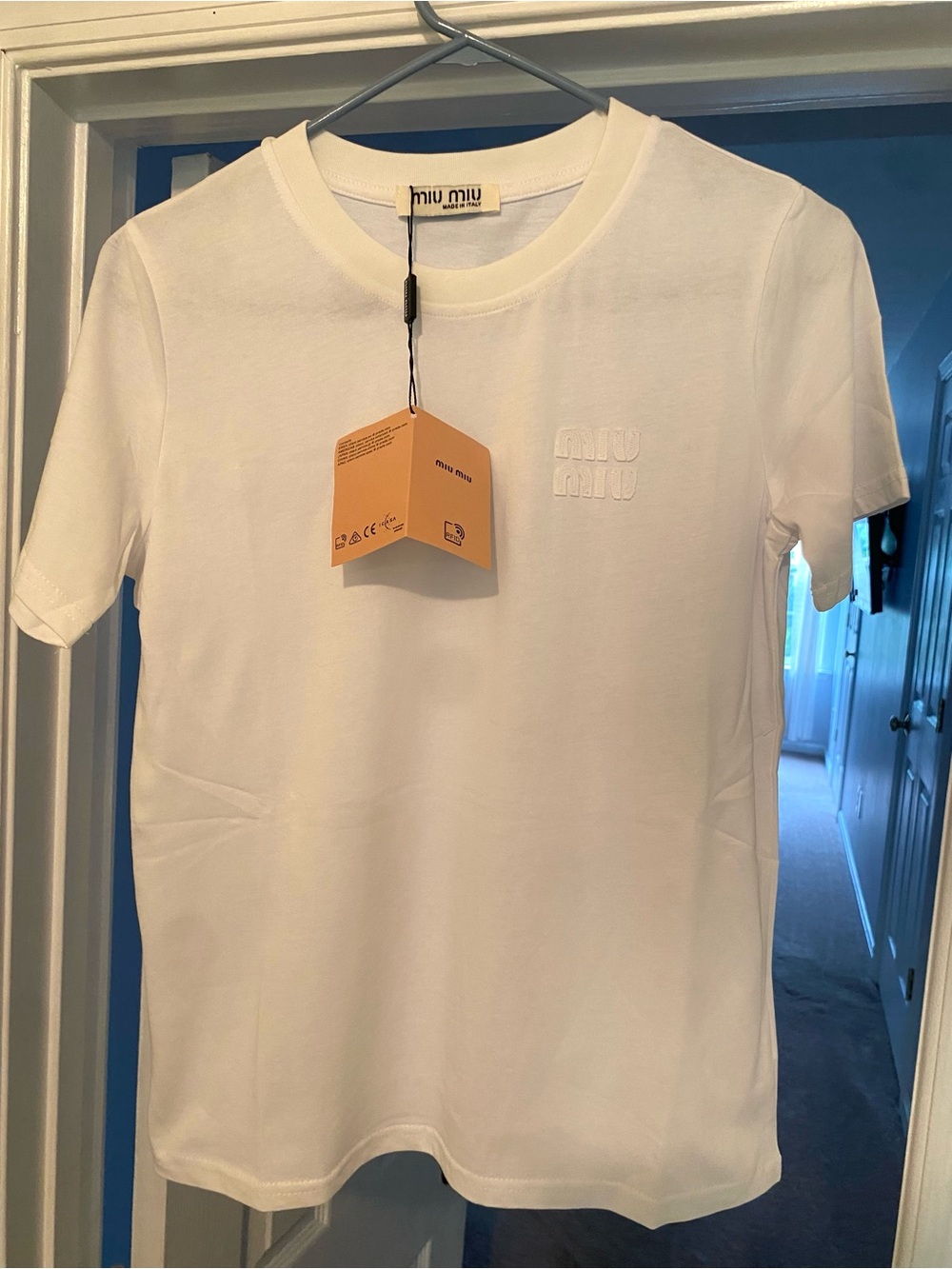 Miu Miu White Embroidered Logo Crewneck T-Shirt